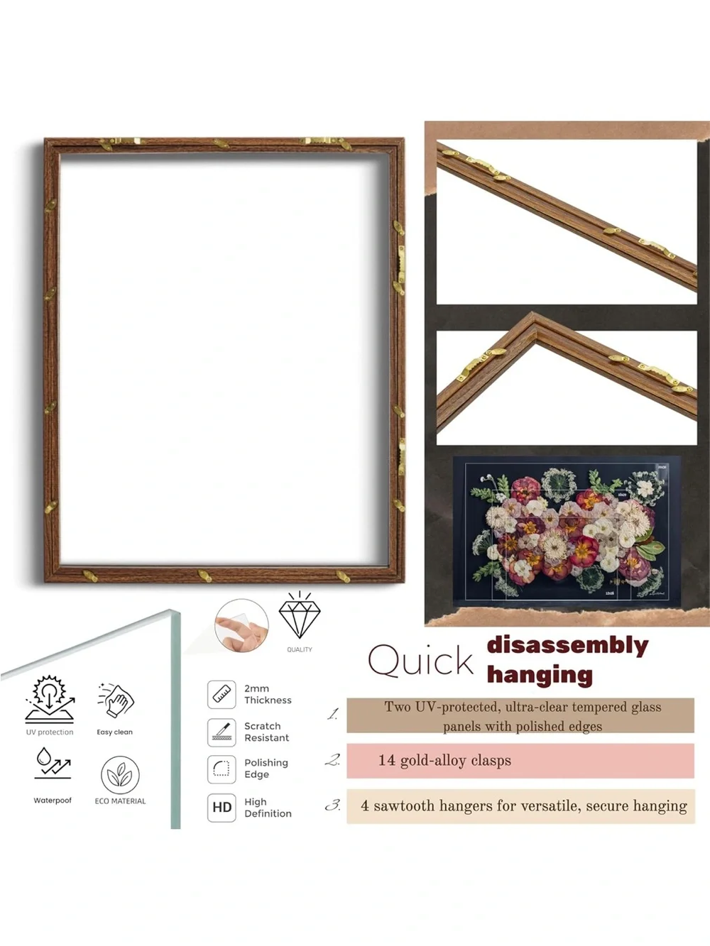 Walnut Wood Floating Glass Frame with Dried Flower Display - Brown